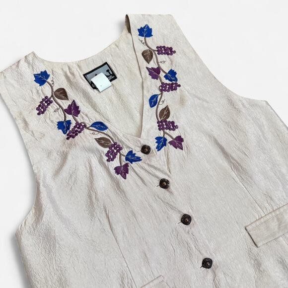 VTG 90s Around Town Shimmery Ivory & Blue & Purple Floral Embroidered Vest L - Picture 7 of 8